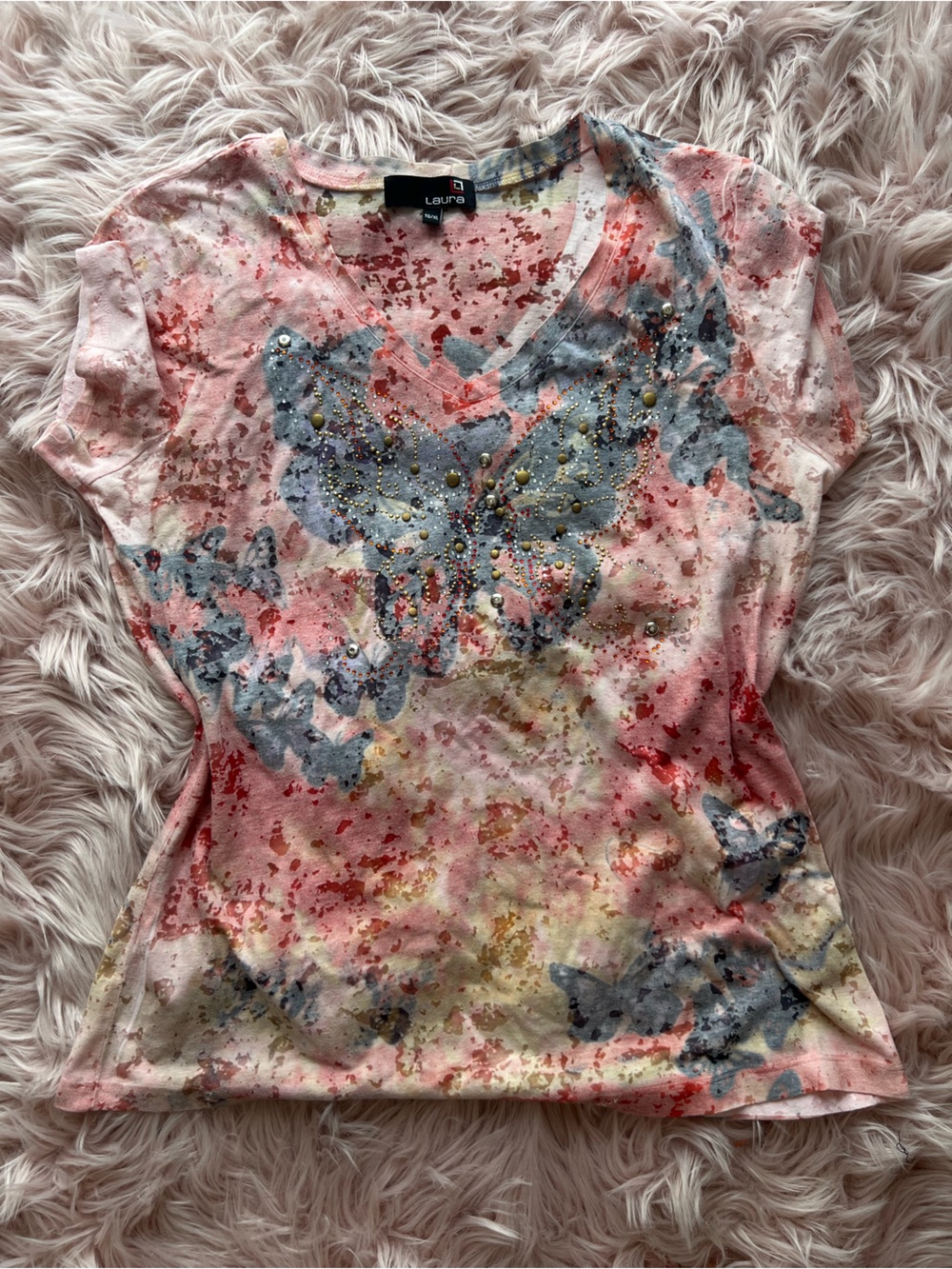 Y2K Laura Pink Butterfly Accent Embellished V-Neck Camisole XL